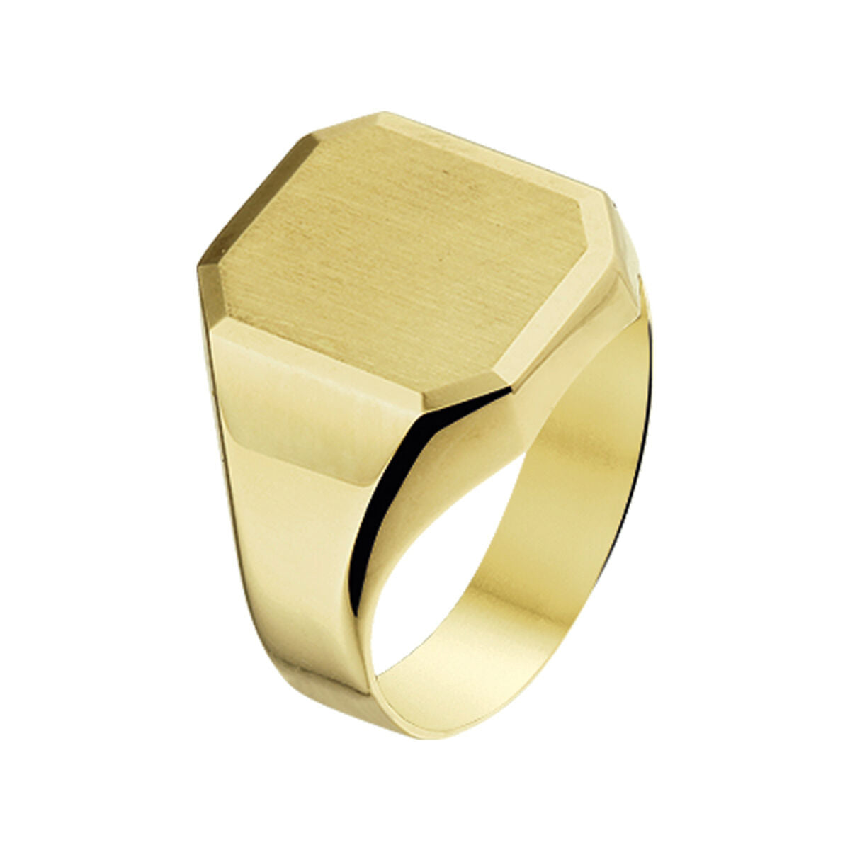 De graveerring mat gediamanteerd 14K geelgoud van Van der Kooij Collectie heeft een matte, gediamanteerde afwerking en biedt heren een tijdloze, goudkleurige stijl tegen een witte achtergrond.