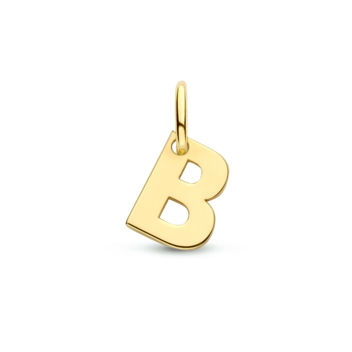 Een 14K geelgouden "B" hanger uit de Van der Kooij Collectie, voorzien van een kleine lus voor kettingbevestiging, onderdeel van de elegante letterhangers collectie, afgebeeld op een effen witte achtergrond.