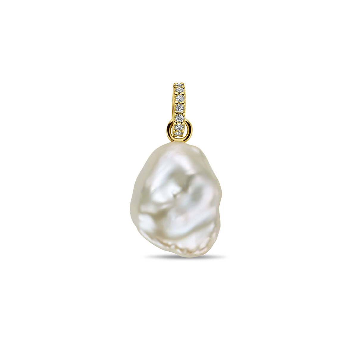 Hanger met een grote parel en een diamant van 0,04 ct in 14K geelgoud.