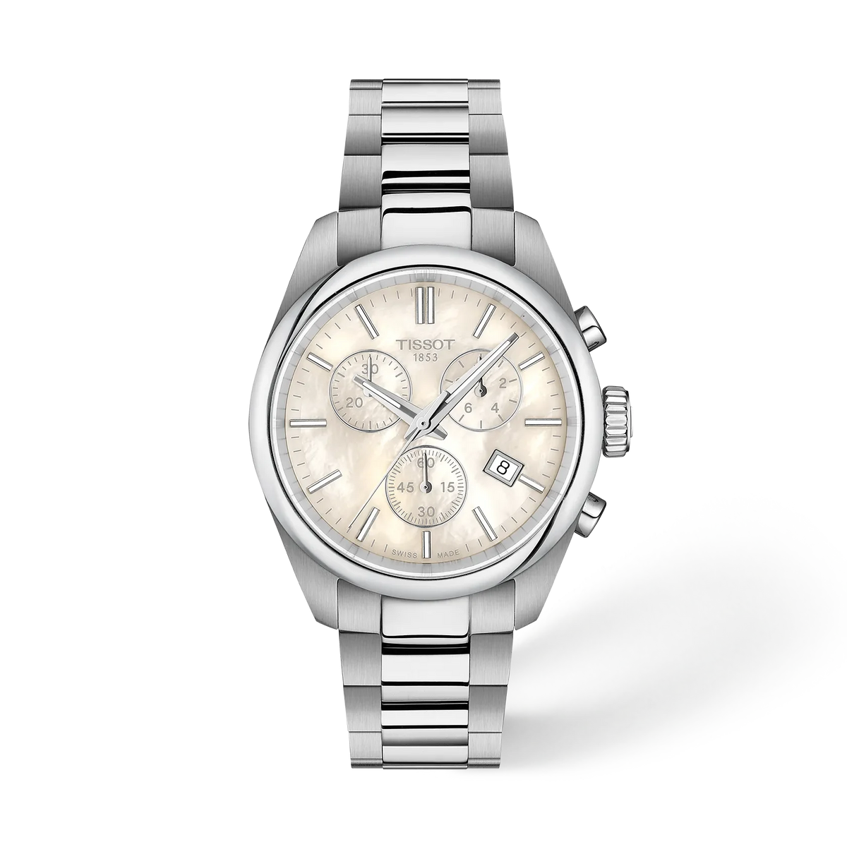 Zilveren horloge met een parelmoer wijzerplaat, chronograaf functies en een metalen schakelband.
