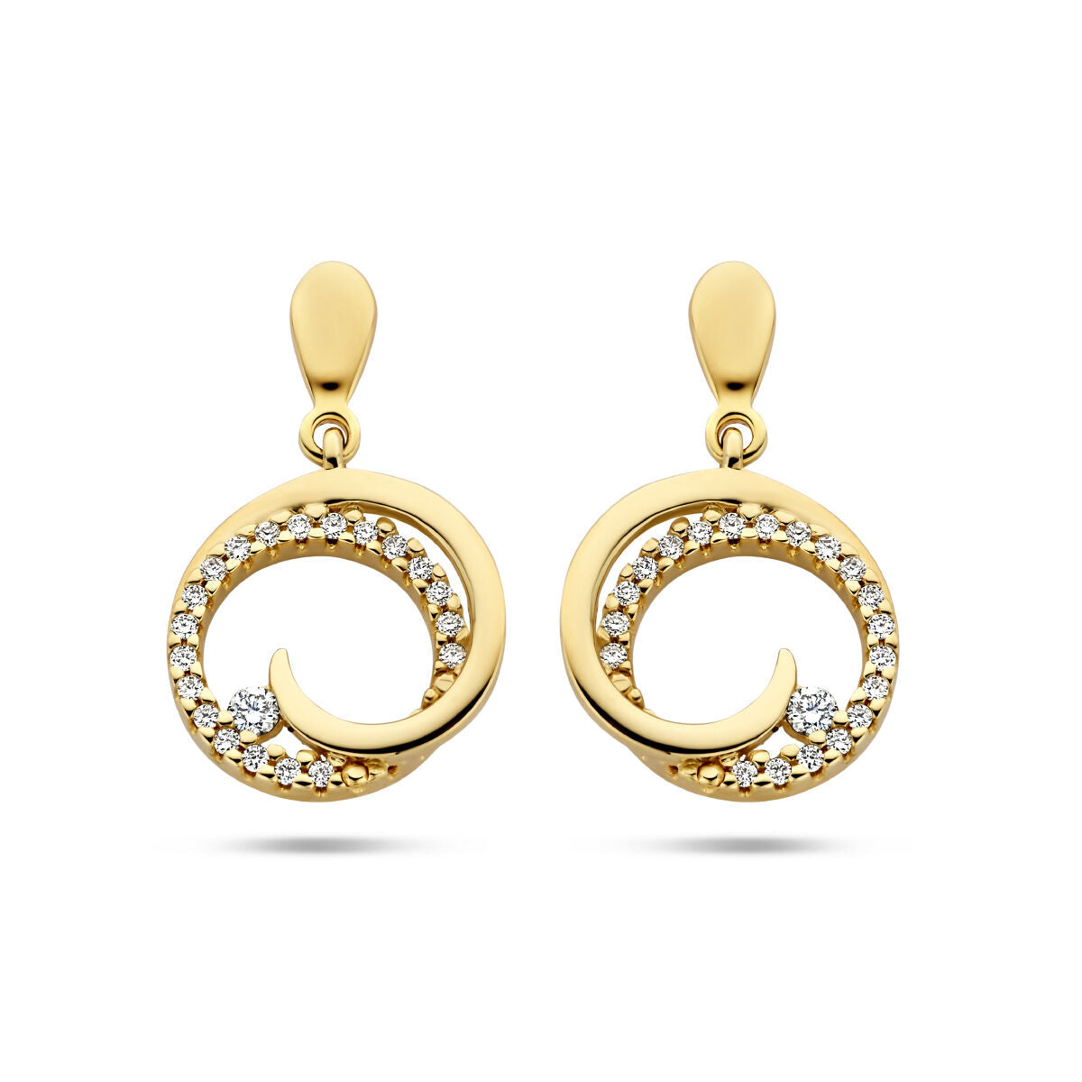 Oorhangers van 14K geelgoud in de vorm van een rondje met diamanten (0.14ct) en een golvende design.