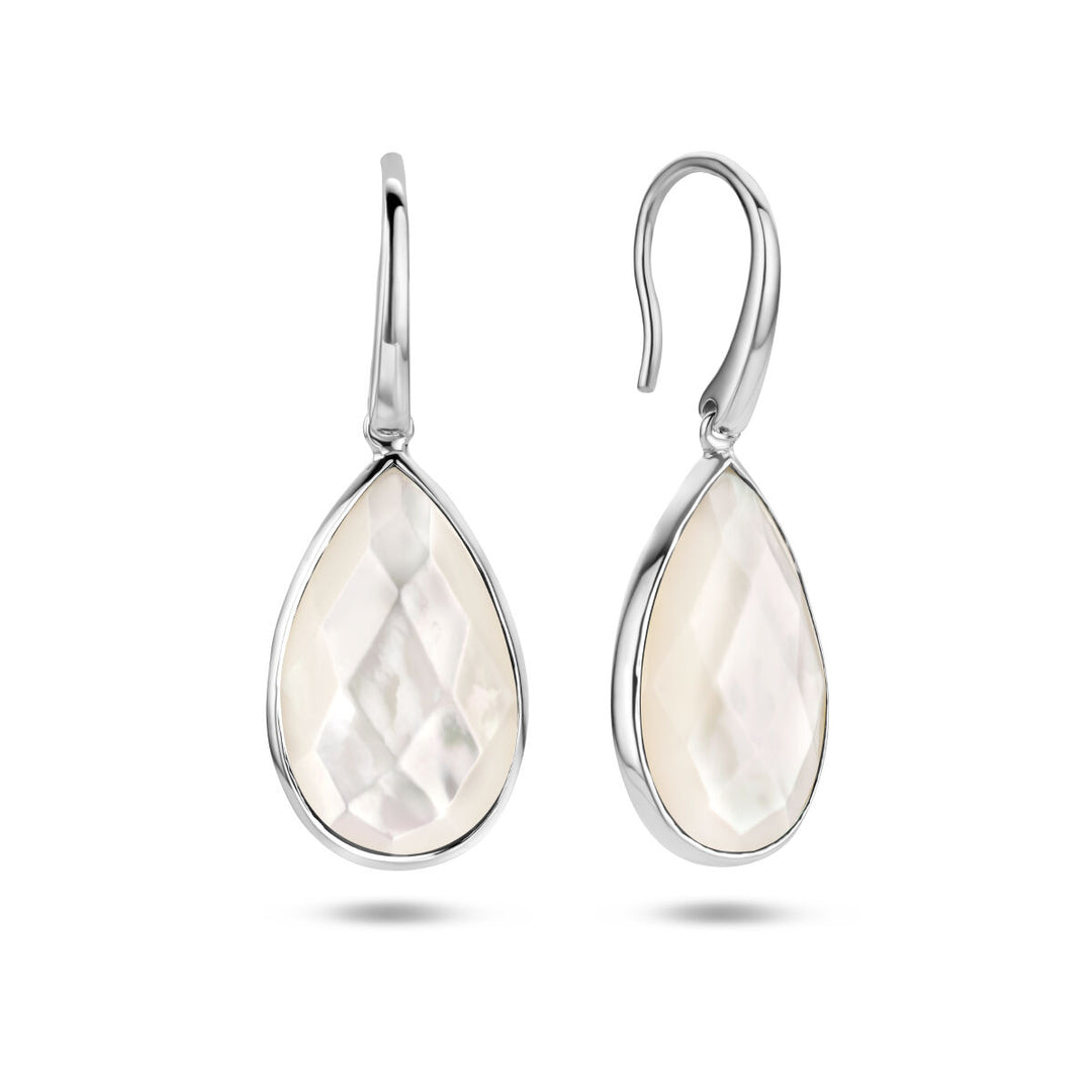 Een paar Van der Kooij Collectie gerhodineerde zilveren oorhangers met parelmoer en Franse haak sluiting.