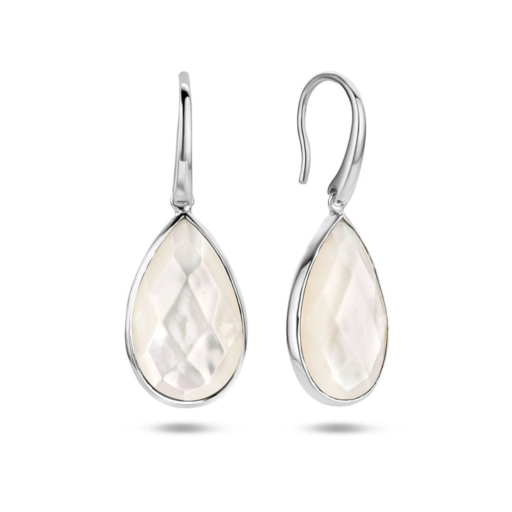 Een paar Van der Kooij Collectie gerhodineerde zilveren oorhangers met parelmoer en Franse haak sluiting.