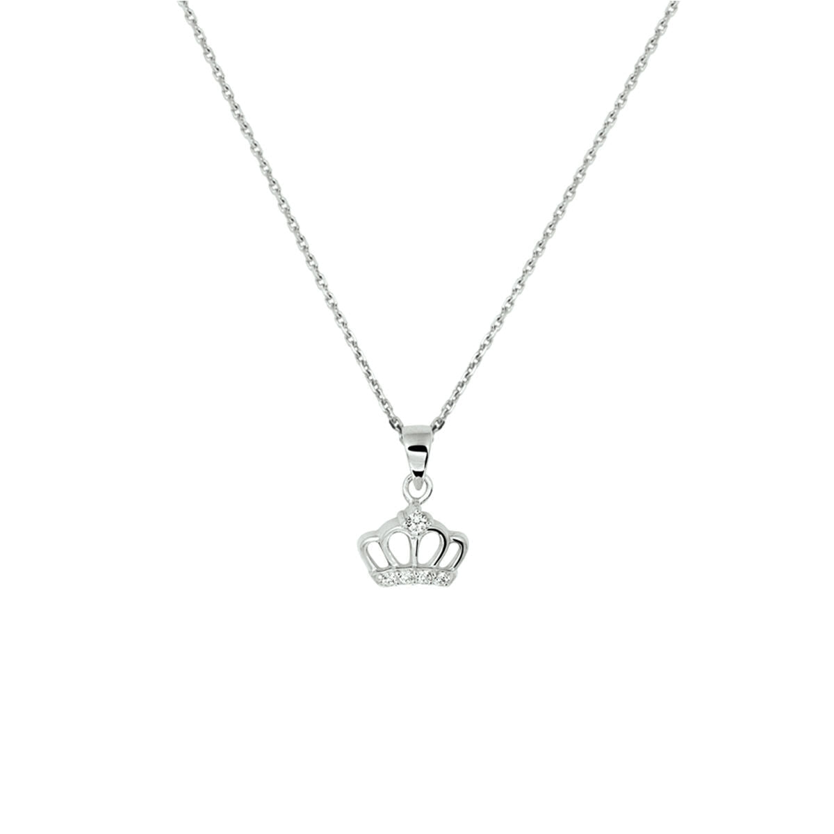 Zilveren gerhodineerd collier met een kroon-hanger bezet met zirkonia, lengte 36 + 4 cm.