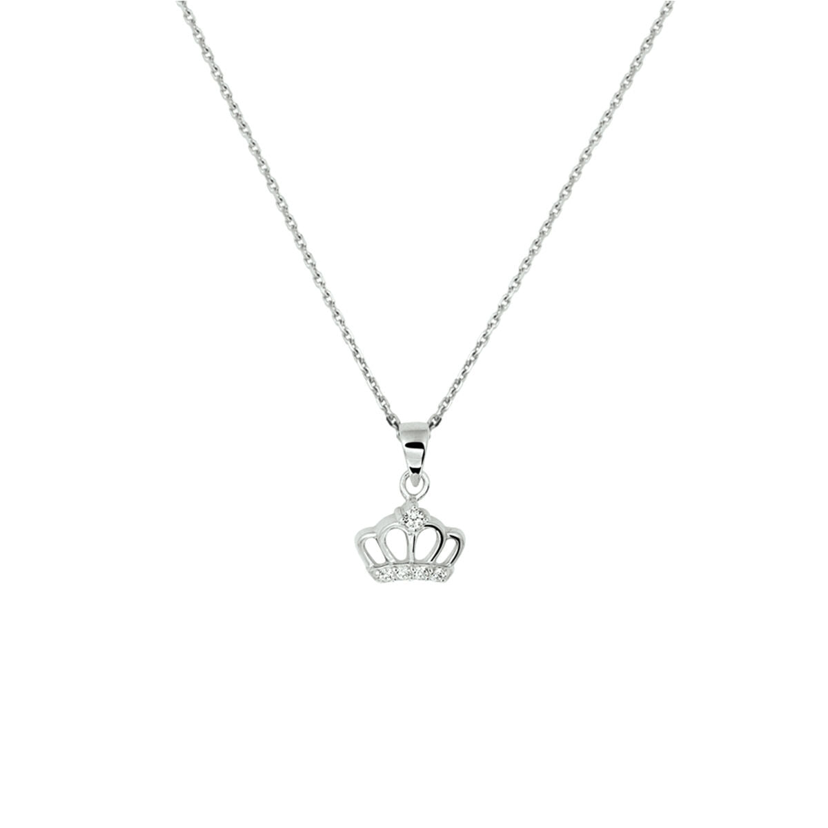 Zilveren gerhodineerd collier met een kroon hanger bezet met zirkonia, lengte 36 + 4 cm.