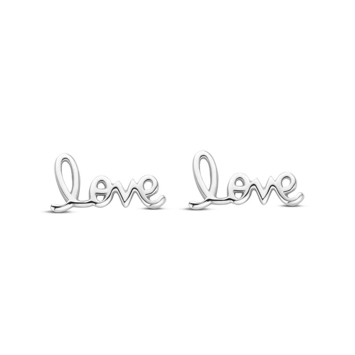 Zilveren gerhodineerde oorknoppen in de vorm van het woord 'love' met een speelse, sierlijke uitstraling.