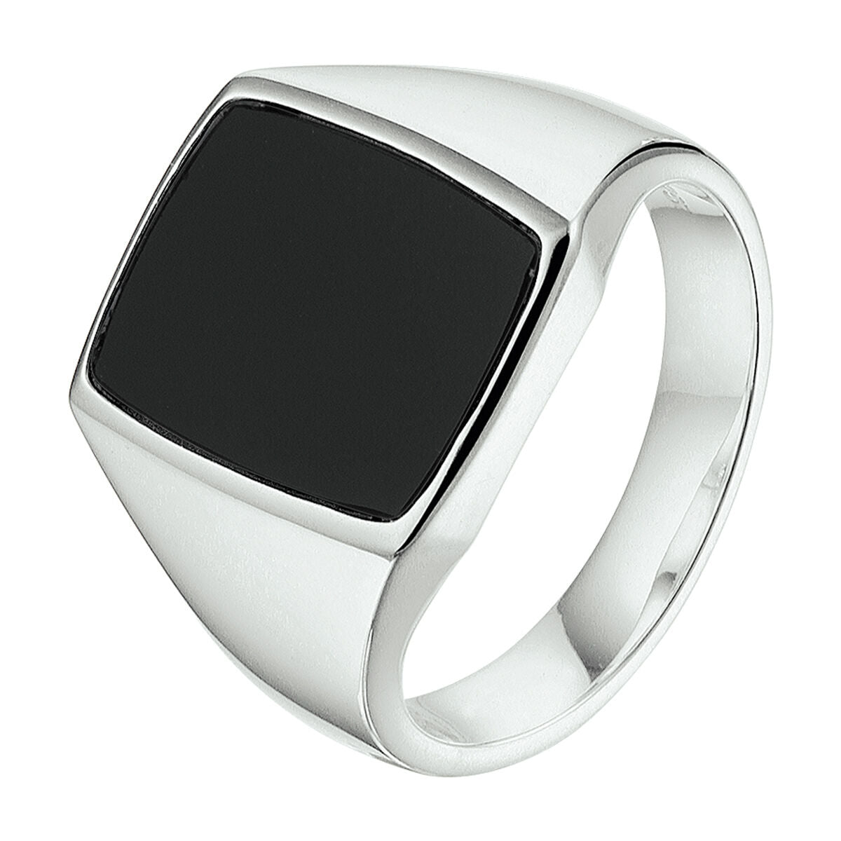 De 'zegelring massief onyx zilver wit' van de Van der Kooij Collectie is een herenring met rechthoekige zwarte onyx in gepolijst zilver, getoond op een witte achtergrond.