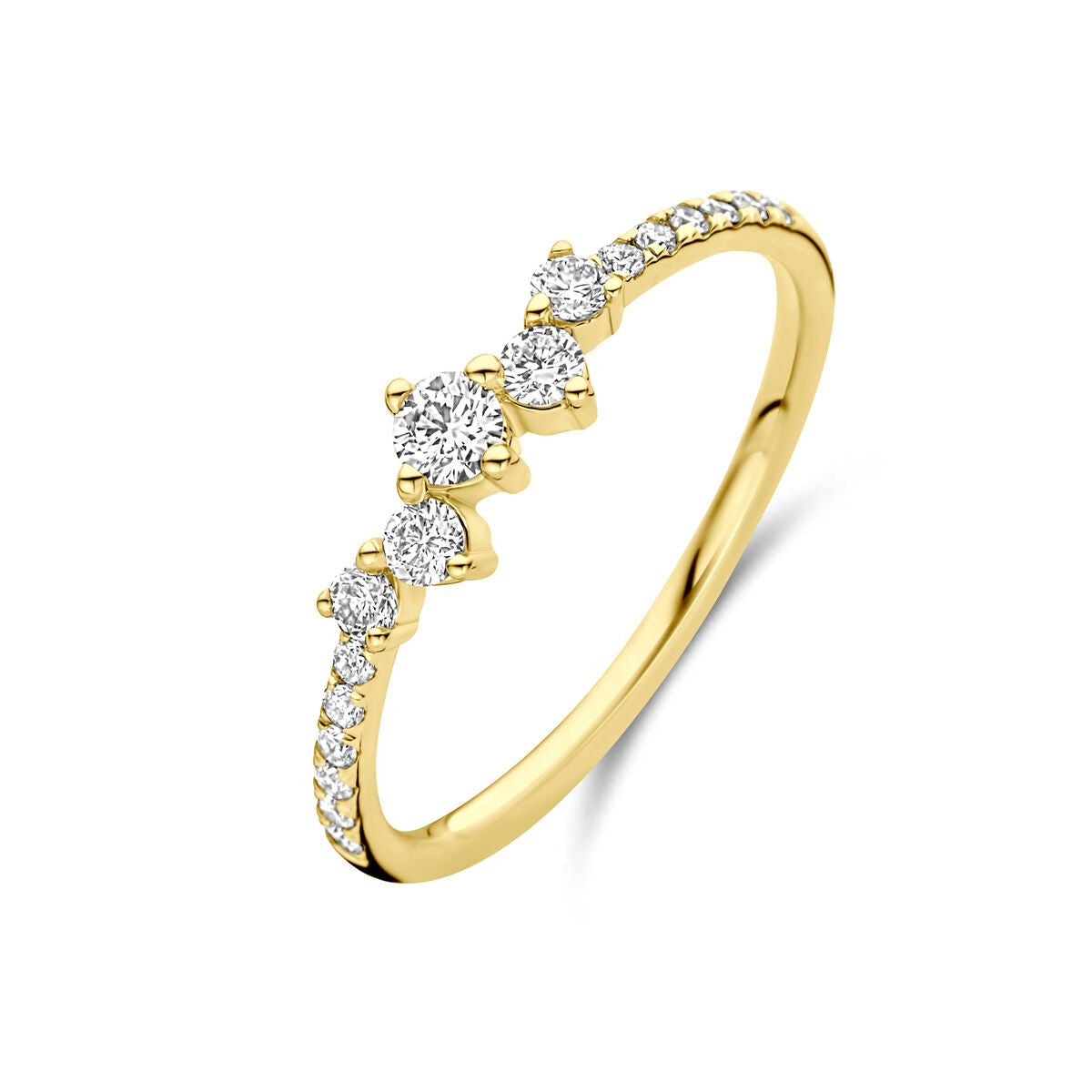 De Van der Kooij Collectie ring lab grown diamant 1.00ct h si in 14K geelgoud heeft een rij van kleine diamanten, drie grotere diamanten in het midden en extra stenen op de band.