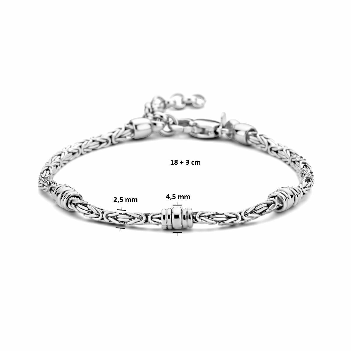 De Van der Kooij Collectie armband konings 2,5 mm met ringetjes van 18 + 3 cm is een gerhodineerd zilveren damesarmband met koningsschakel en stevige sluiting - elegant en geschikt voor elke gelegenheid.