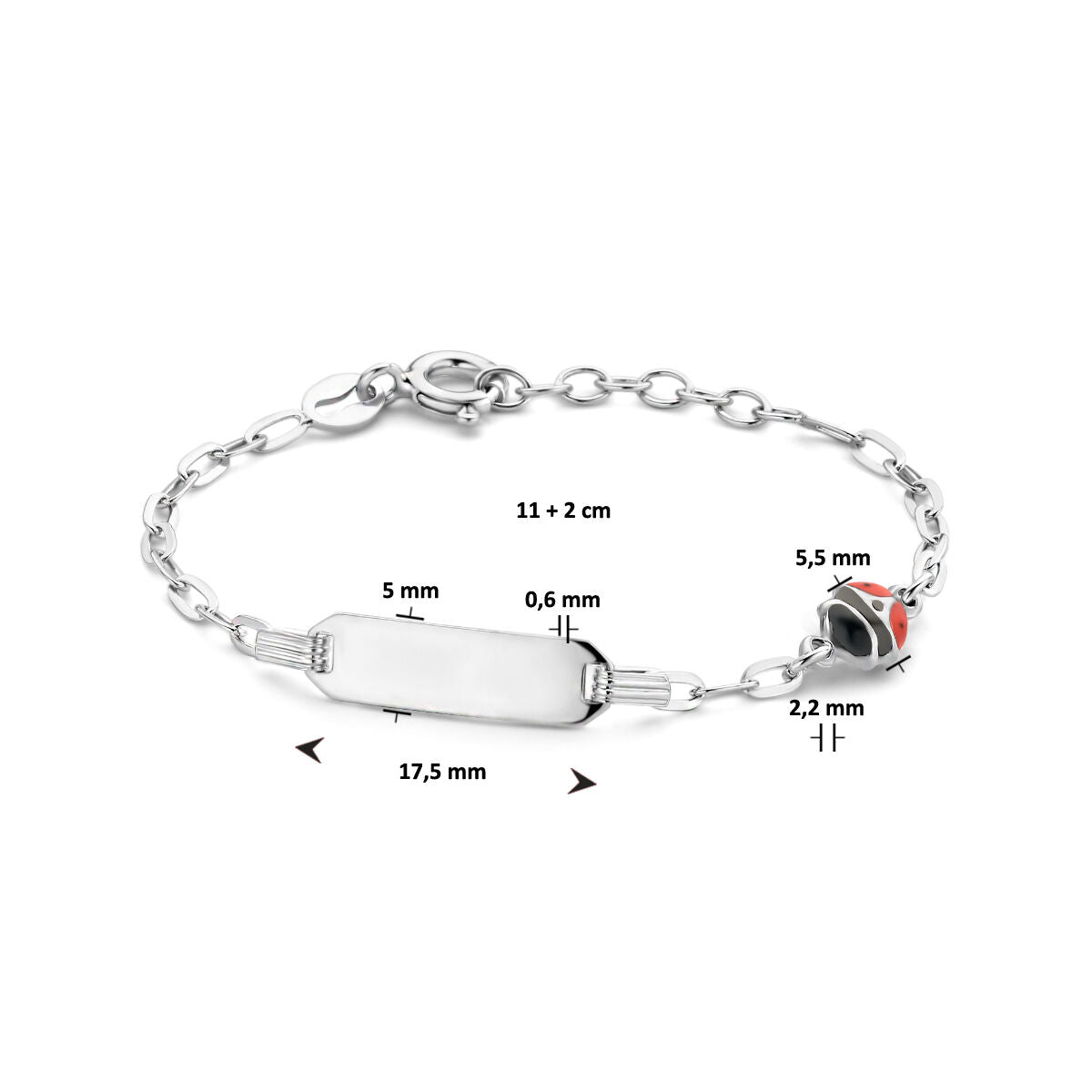 De Van der Kooij Collectie baby armband zilver lieveheersbeestje plaat 5,0 mm gerhodineerd heeft een unisex zilveren ontwerp met een rechthoekig ID plaatje en lieveheersbeestje bedel. Lengte: 11 + 2 cm. Perfect als geboorte cadeau.