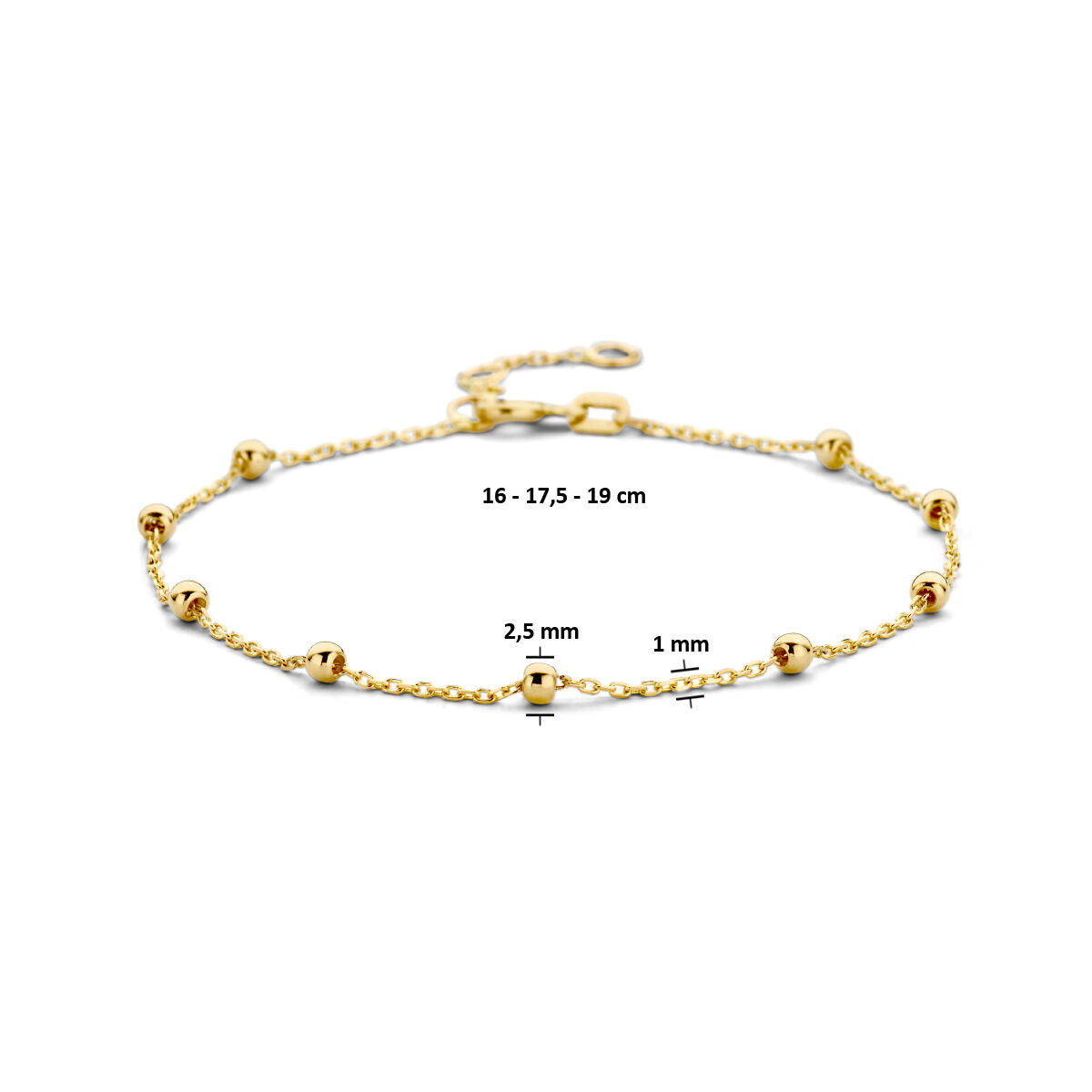 armband bolletjes 2,5 mm 16 - 17,5 - 19 cm 14K geelgoud