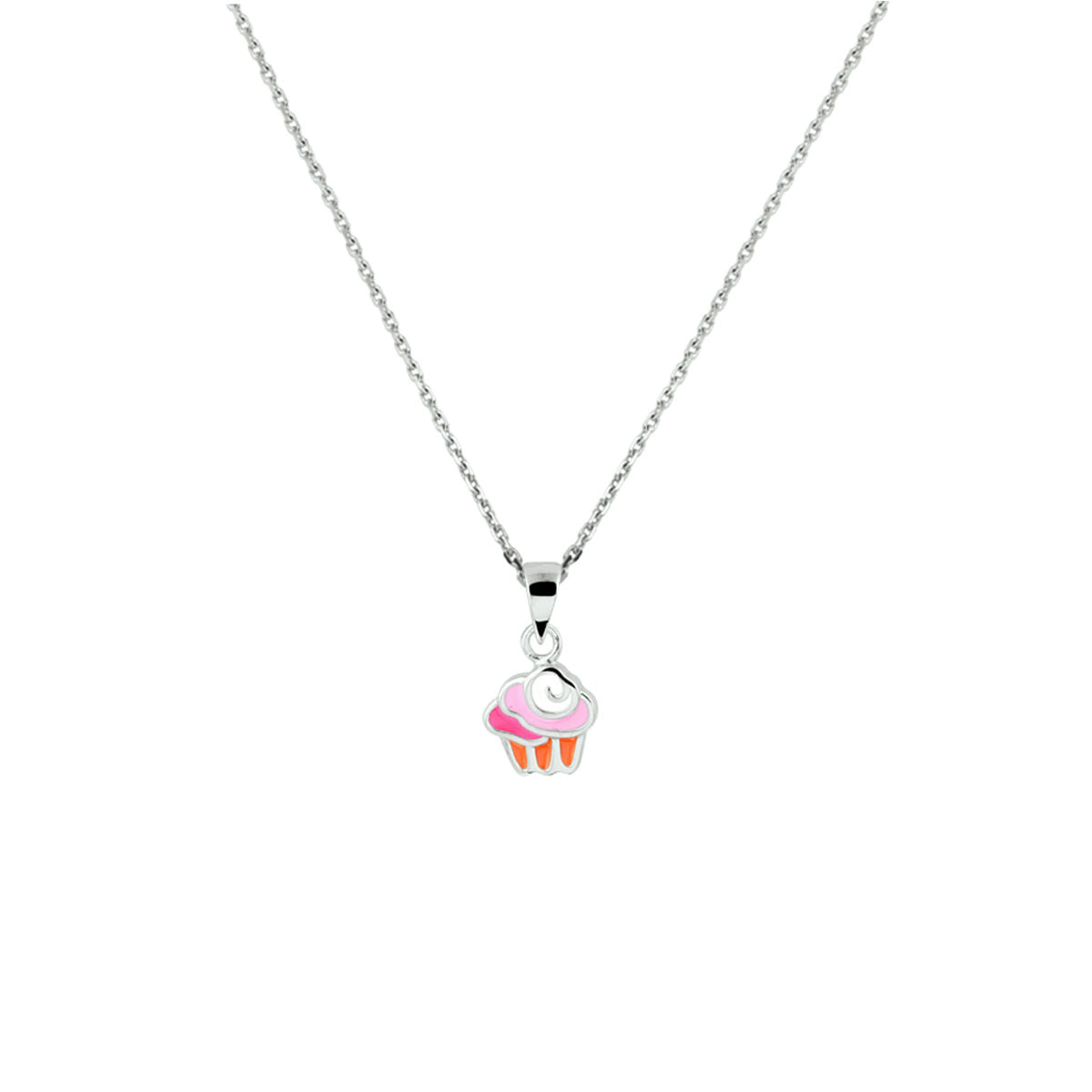 Zilveren gerhodineerd collier met een cupcake-hanger in roze en oranje.