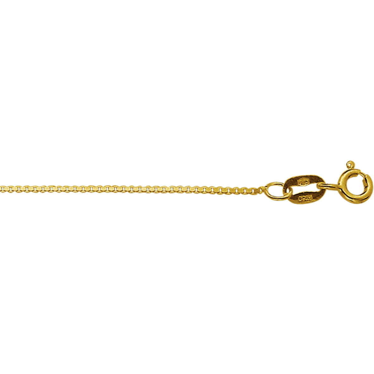 Een close-up van de Van der Kooij Collectie collier venetiaans 0,8 mm in 14K geelgoud, unisex met karabijnsluiting, horizontaal afgebeeld op een witte achtergrond - een verfijnde keuze voor elke sieradencollectie.