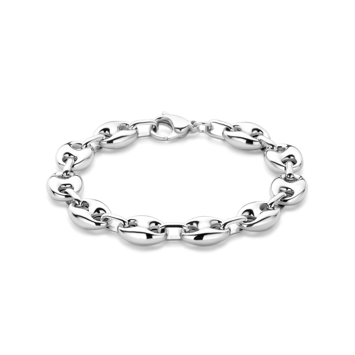 Zilveren gerhodineerde armband met koffieboon schakels van 11 mm, lengte 20 cm.
