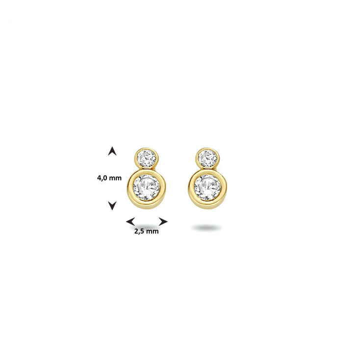 Van der Kooij Collectie oorknoppen zirkonia 14K geelgoud: elegante oorbellen met twee bezel-gezette zirkonia's in verschillende maten, stijlvol verticaal gerangschikt. Afmeting: 4,0 mm hoog en 2,5 mm breed.