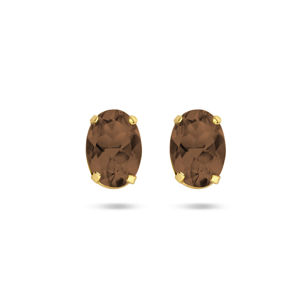 Oorknoppen van rookkwarts in een ovale vorm, gezet in 14K geelgoud.
