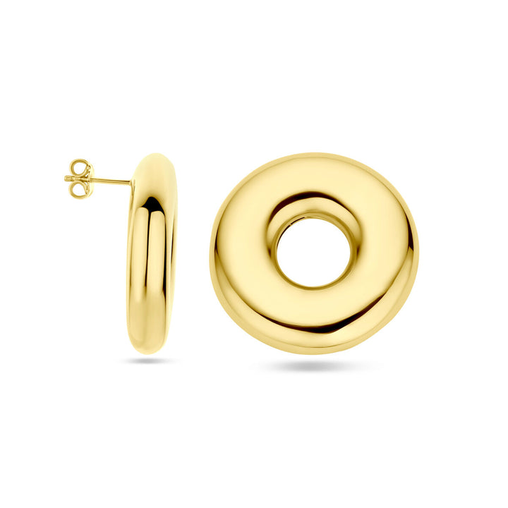 De Van der Kooij Collectie oorknoppen rondje 32 mm, 1 micron zilver verguld (geel), zijn body, ronde dames oorbellen met een donutvormig design—stijlvolle sieraden voor elke gelegenheid.