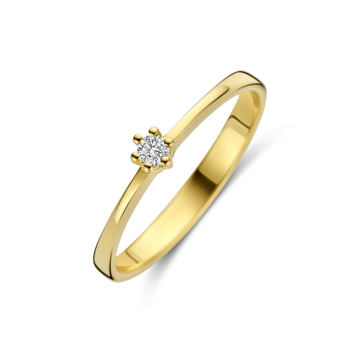 Ring van 14K geelgoud met een solitaire diamant van 0.05ct, eenvoudige en moderne vorm.