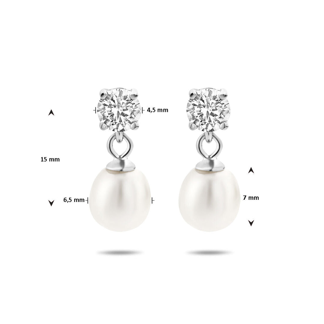 oorhangers zirkonia en parel zilver gerhodineerd