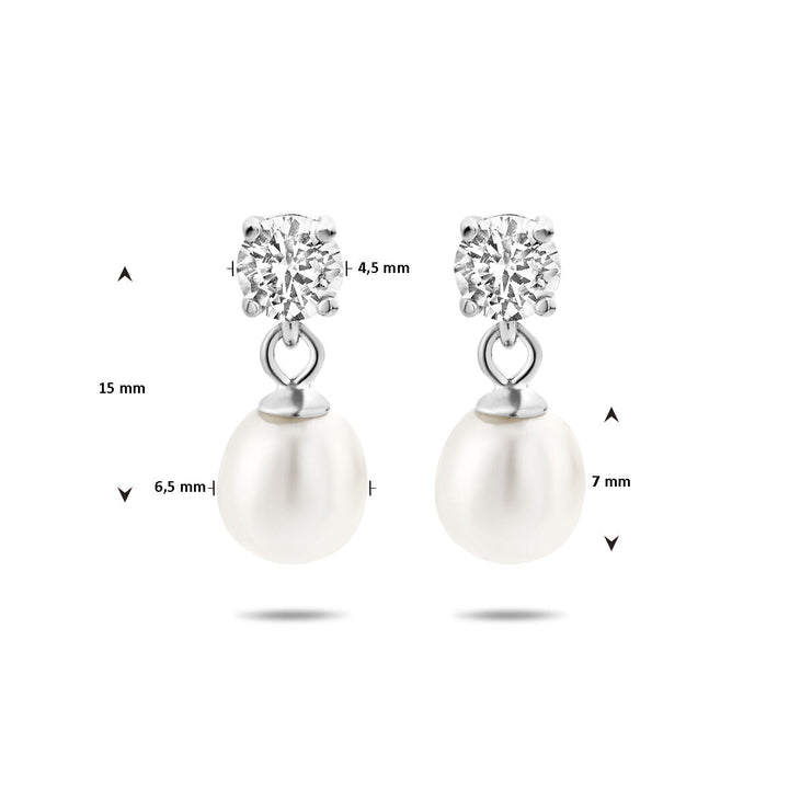 oorhangers zirkonia en parel zilver gerhodineerd