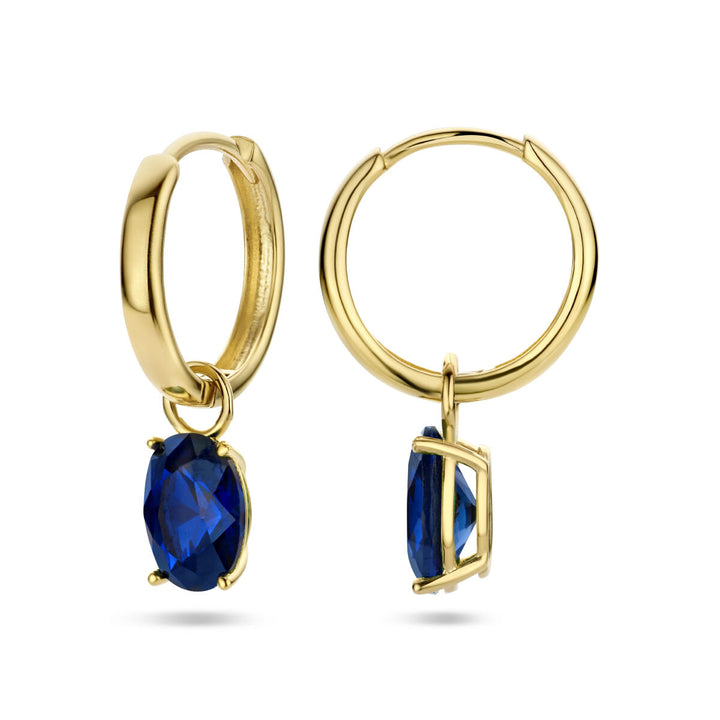 klapoorringen blauw zirkonia 14K geelgoud
