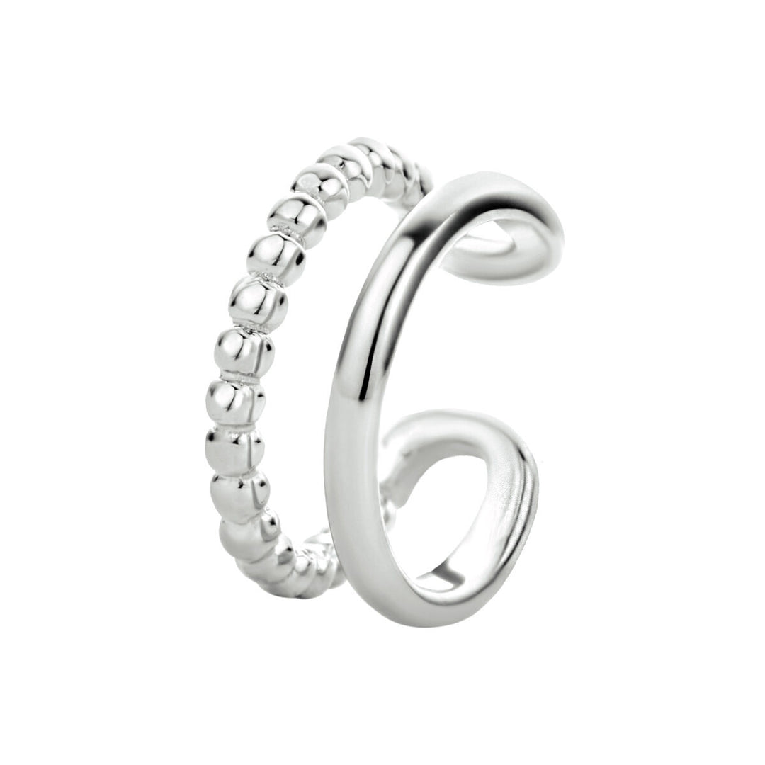 De Van der Kooij Collectie earcuff zilver gerhodineerd voor dames heeft een open ontwerp, met één gladde en gepolijste zijde en één zijde met een rij kleine, afgeronde kralen.