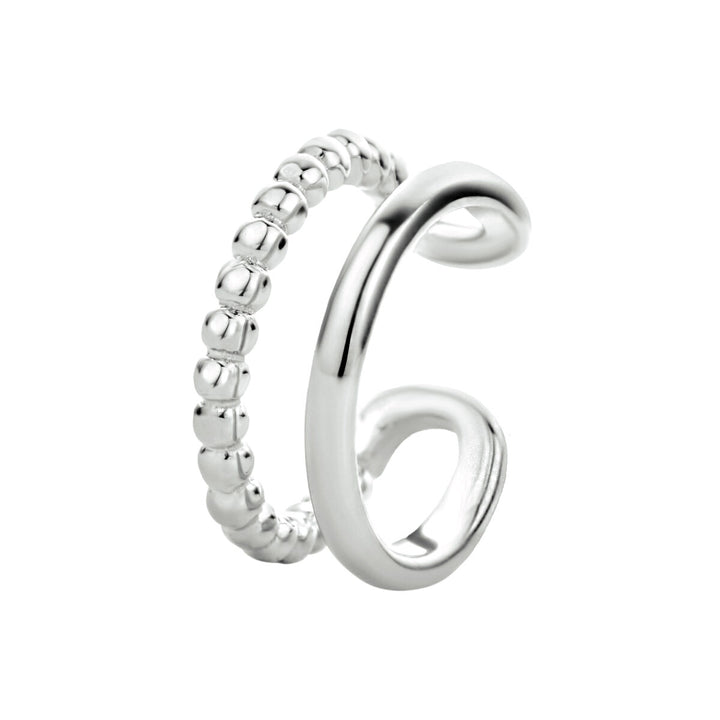 De Van der Kooij Collectie earcuff zilver gerhodineerd voor dames heeft een open ontwerp, met één gladde en gepolijste zijde en één zijde met een rij kleine, afgeronde kralen.