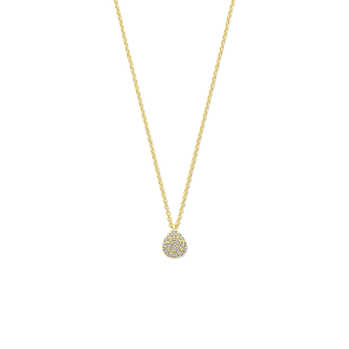 Druppelvormig collier van 14K geelgoud met een diamant van 0.10ct, hangend aan een 44 cm lange ketting.