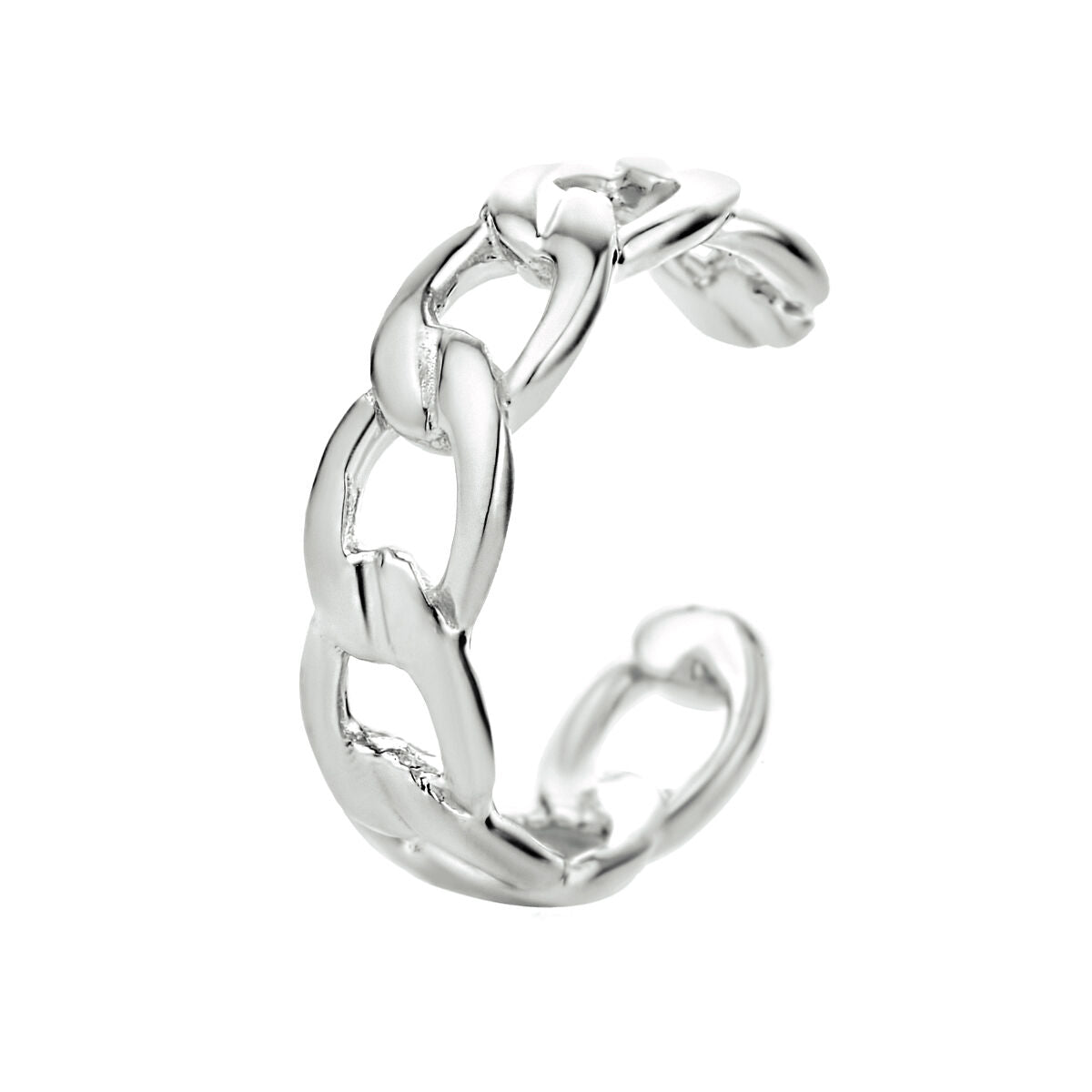 Zilveren earcuff met schakelontwerp, gerhodineerd voor een glanzende afwerking.