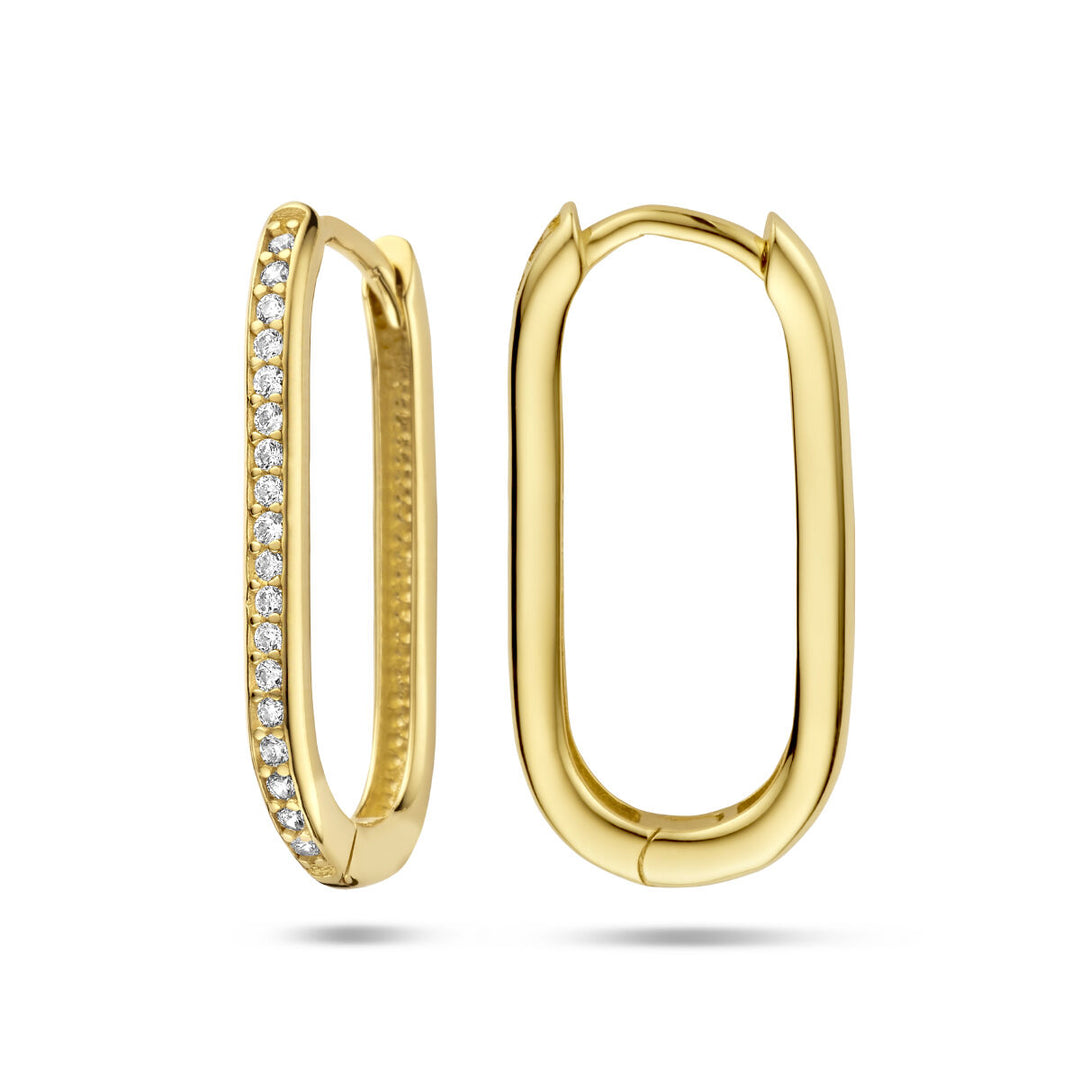 Van der Kooij Collectie klapoorringen paperclip zirkonia 14K geelgoud: één oorbel met fonkelende zirkonia, de andere volledig glad-stijlvolle dames oorbellen voor elke gelegenheid.