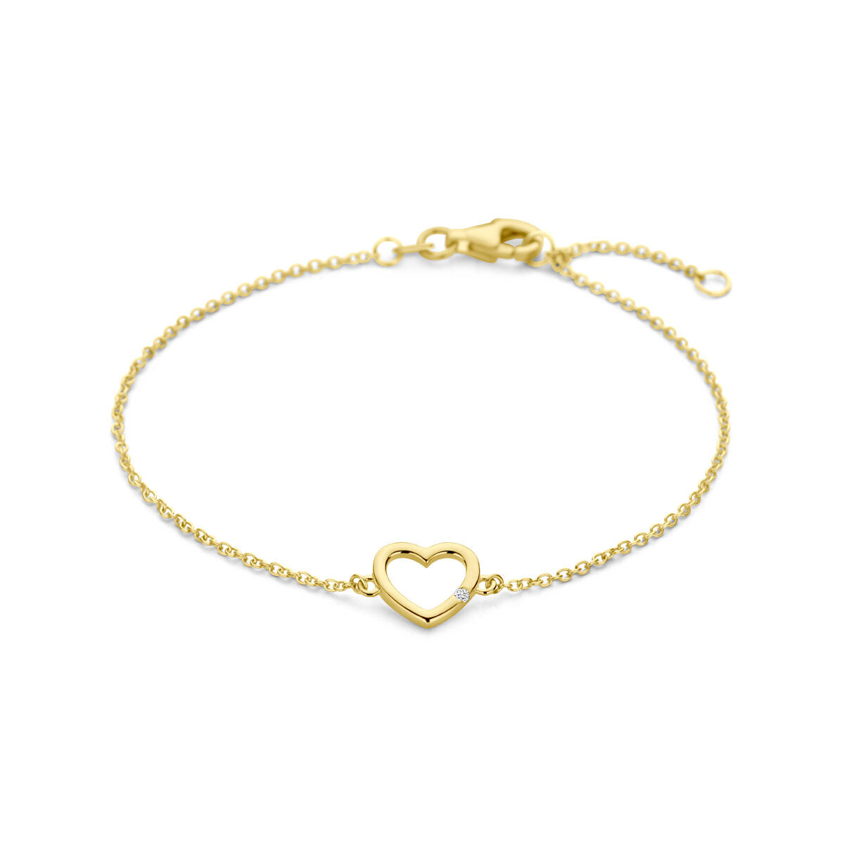Gouden armband met open hartvorm en een diamant, vervaardigd uit 14K goud.