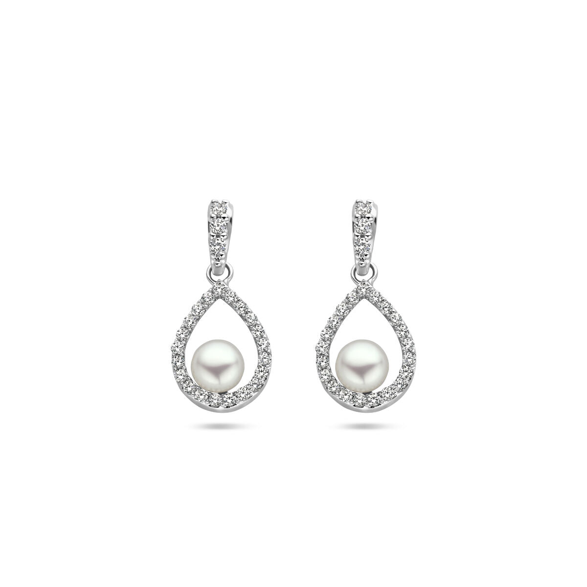 Van der Kooij Collectie oorhangers parel en zirkonia zilver gerhodineerd: stijlvolle oorhangers met teardrop zirkonia omlijsting en een witte zoetwaterparel in het midden, elegant vormgegeven in gerhodineerd zilver.