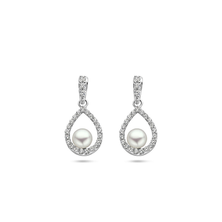 Van der Kooij Collectie oorhangers parel en zirkonia zilver gerhodineerd: stijlvolle oorhangers met teardrop zirkonia omlijsting en een witte zoetwaterparel in het midden, elegant vormgegeven in gerhodineerd zilver.