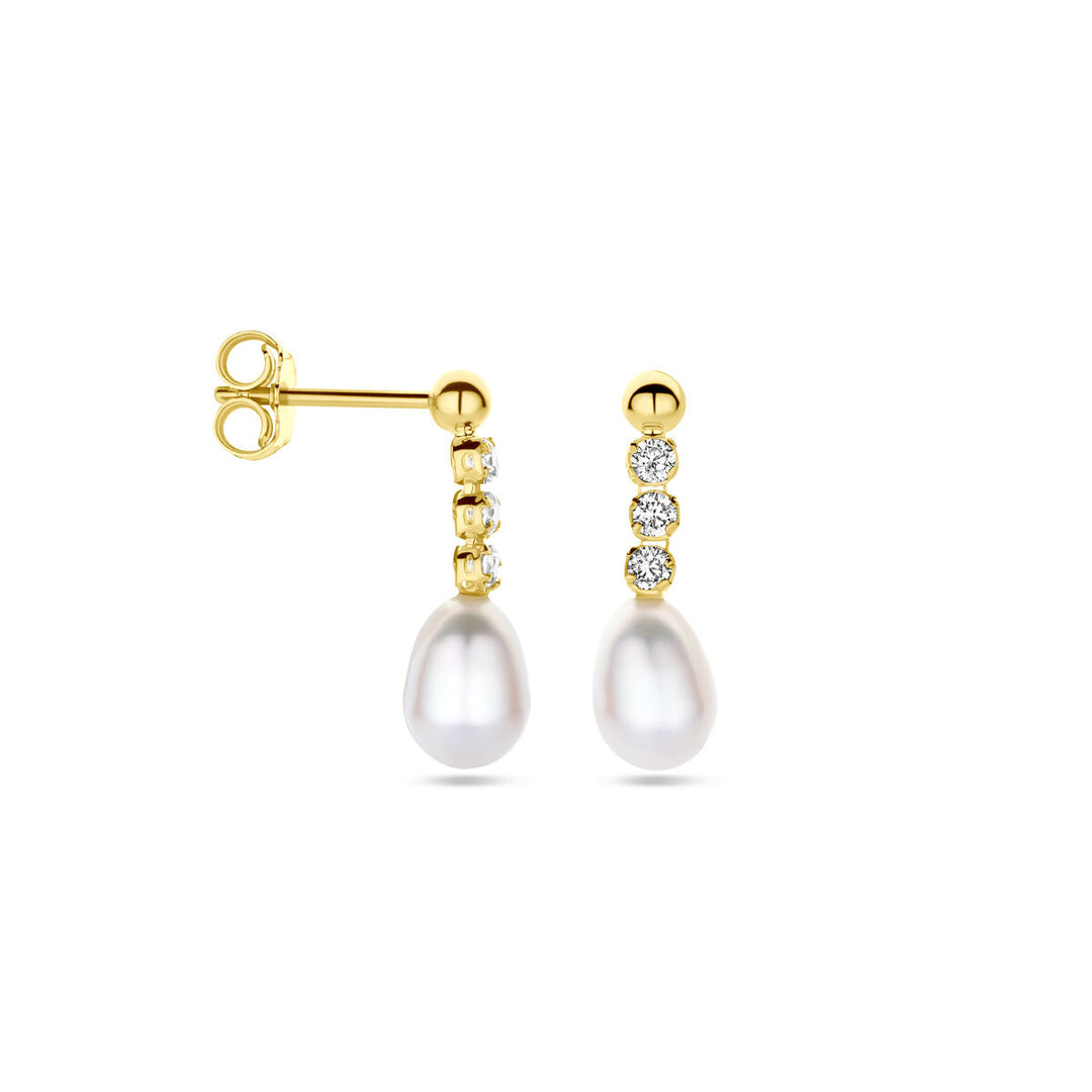 oorhangers zirkonia en parel 19 mm 14K geelgoud