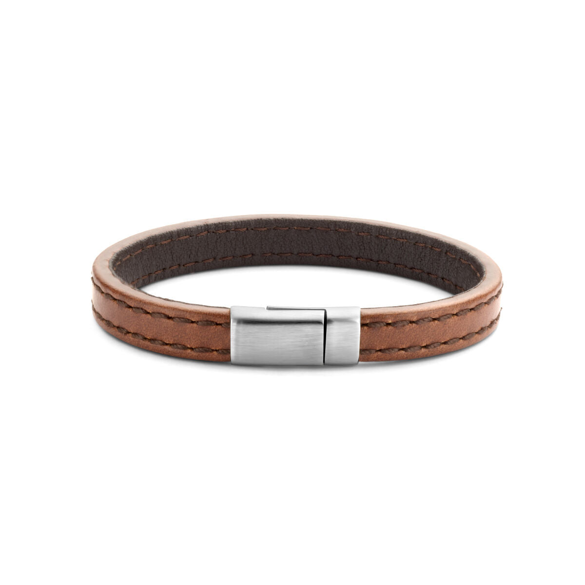 Bruine leren armband van 9,0 mm met edelstalen sluiting en dubbele stiksels.