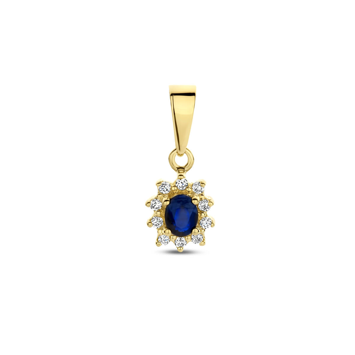 Hanger van 14K geelgoud met een ovale saffier omringd door diamanten in een halo-vorm.
