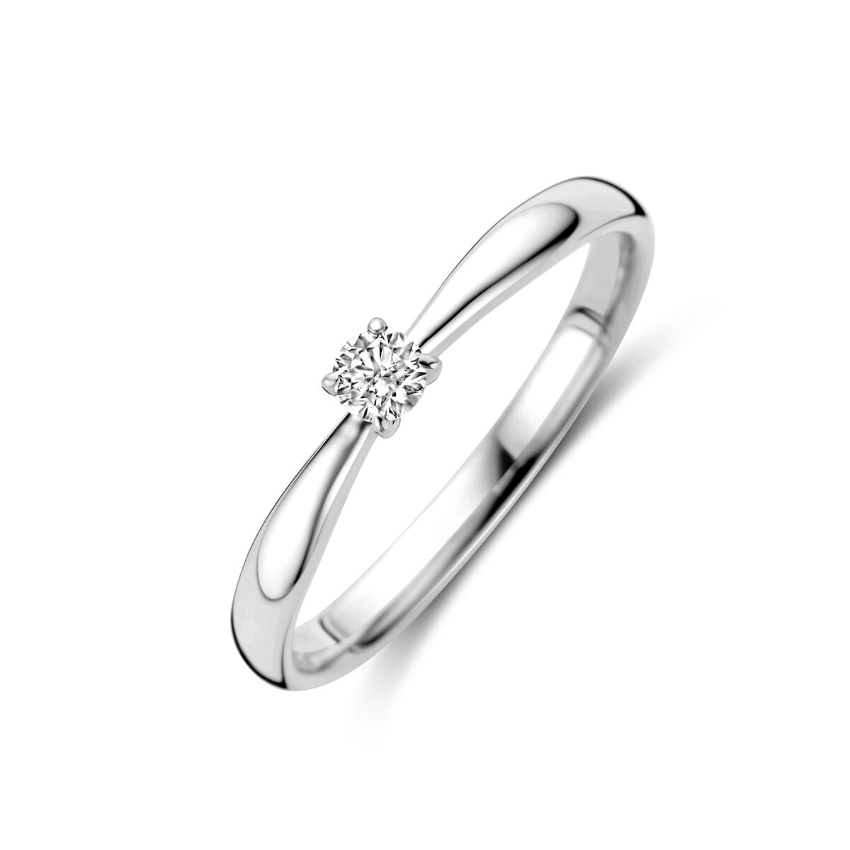 Aanzoekring van 14K witgoud met een 0.10ct diamant in een bloemvormige zetting.