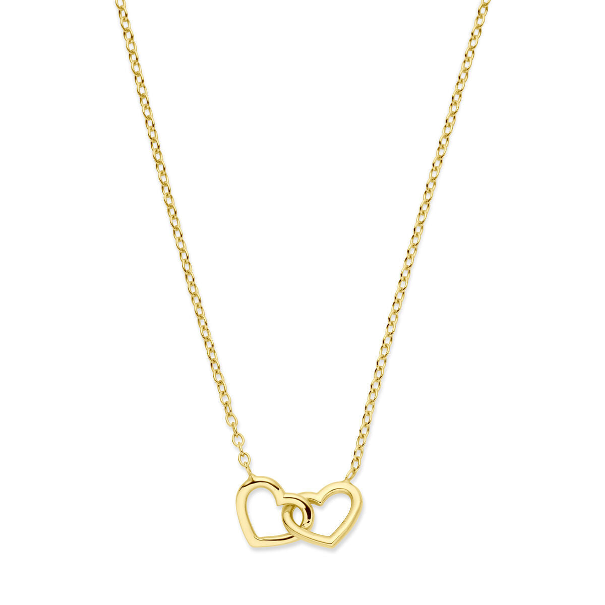 Gouden ketting met twee in elkaar verstrengelde hartjes, 14K.