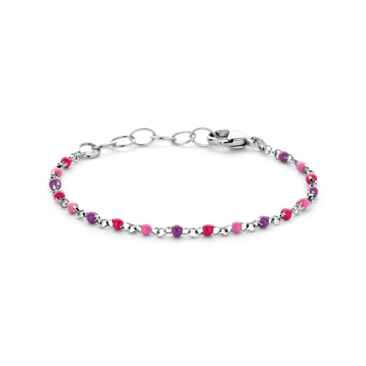 De Van der Kooij Collectie armband bolletjes gekleurd emaille 11 + 2 cm zilver gerhodineerd heeft afwisselend roze en paarse kralen, een karabijnsluiting en verstelbare schakelsluiting, weergegeven op een witte achtergrond.