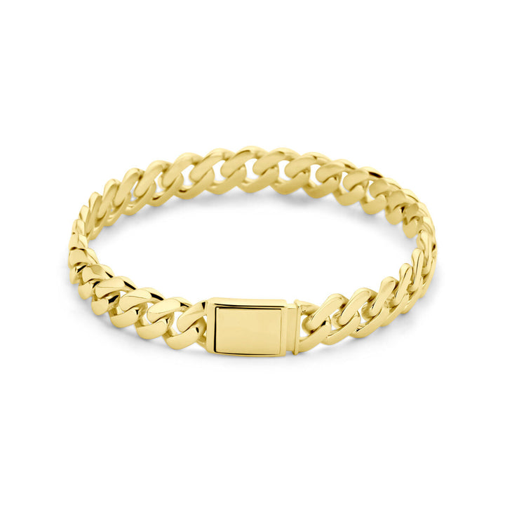 De Van der Kooij Collectie armband massief gourmette 10 mm 21 cm 18K geelgoud is afgebeeld met een rechthoekige sluiting op een effen witte ondergrond.