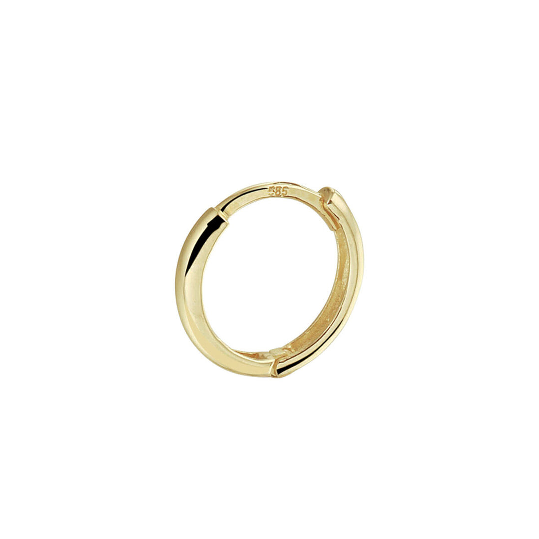 De Van der Kooij Collectie klapoorring per stuk 14K geelgoud is een enkele oorring van 2 mm met een gladde, gepolijste afwerking, scharniersluiting en 585 markering - een elegant sieraad van oorsieraden dames op een witte achtergrond.