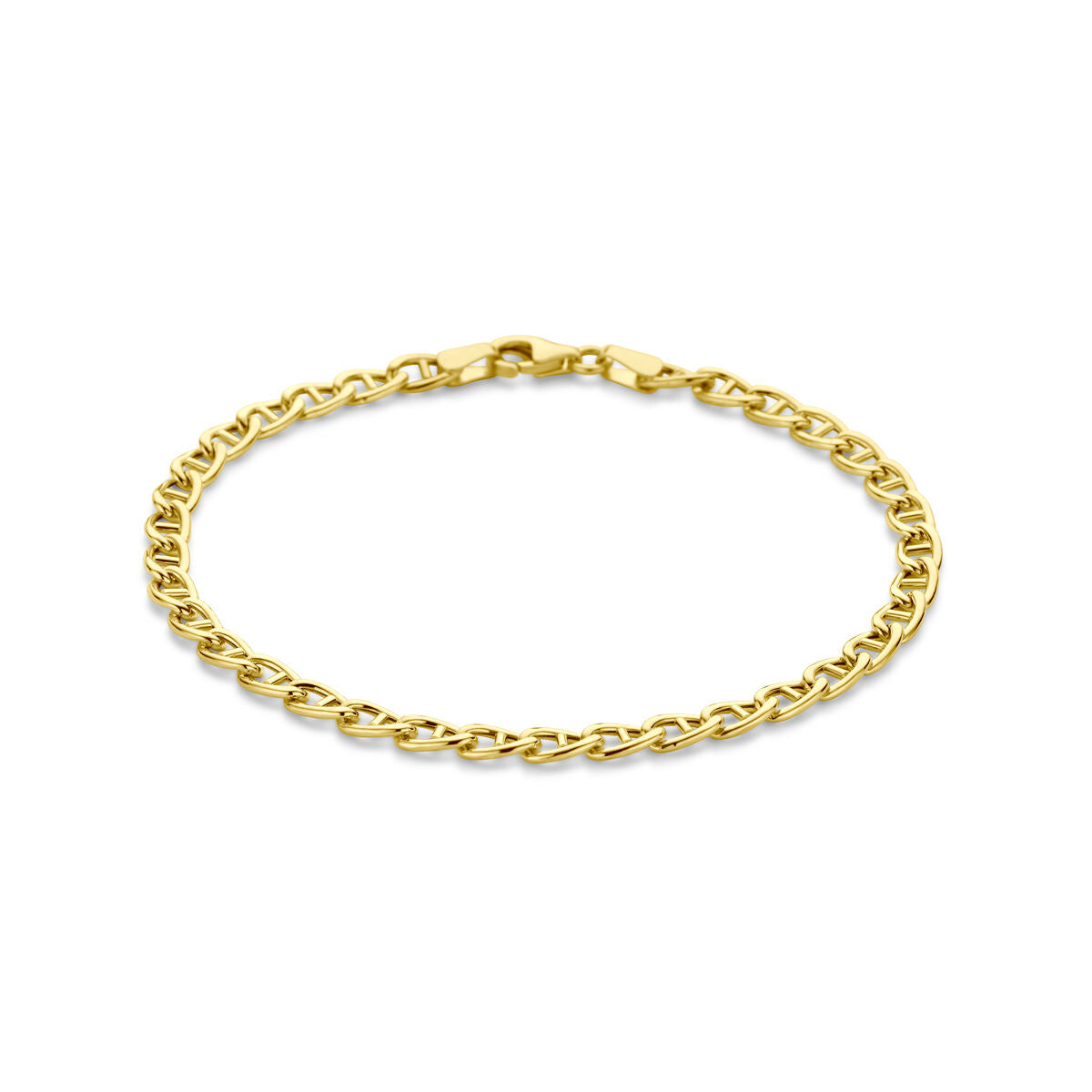 Een tijdloze Van der Kooij Collectie armband van 14K geelgoud, 4,0 mm breed en 19 cm lang, met ovale ankerketting en karabijnsluiting, elegante presentatie op een witte achtergrond.
