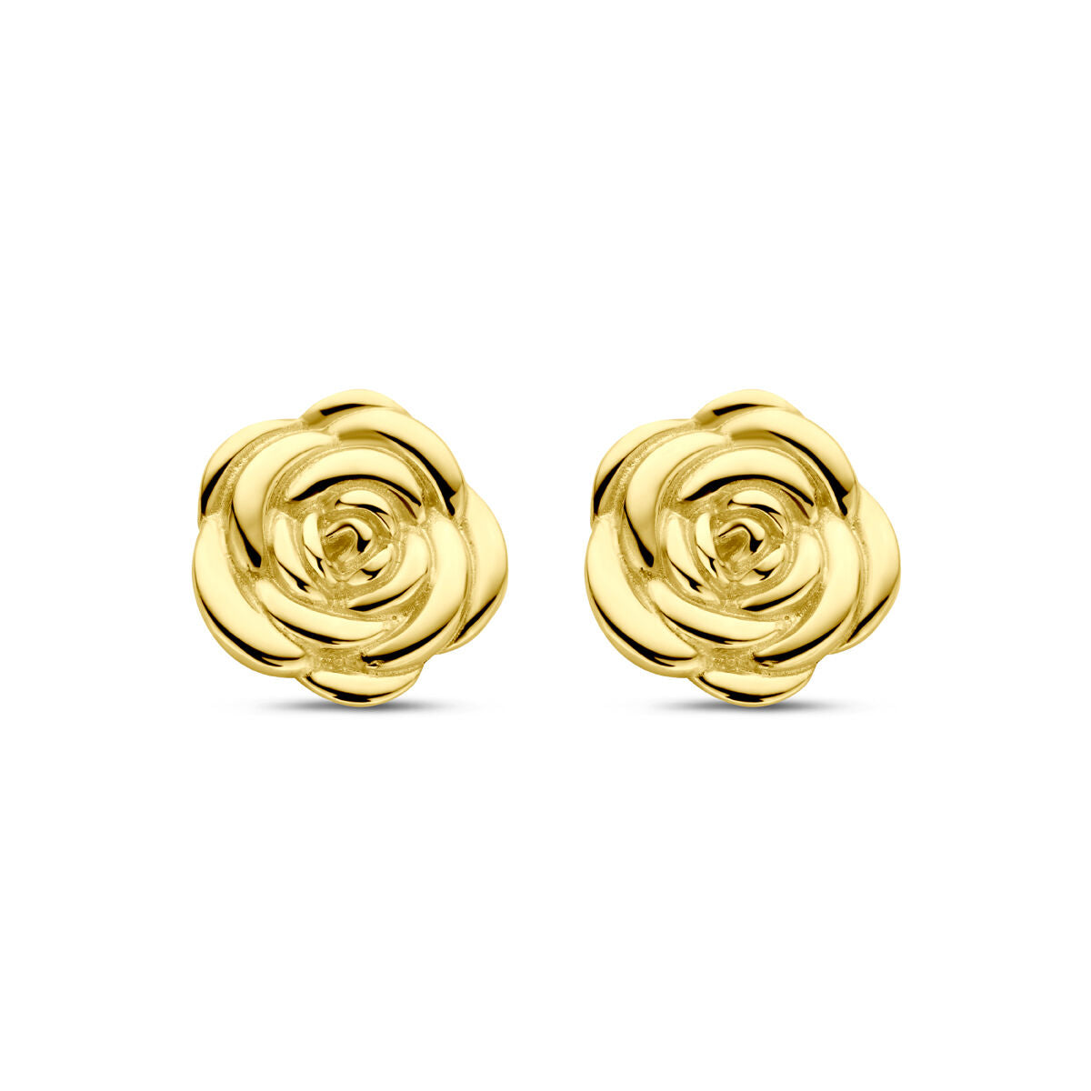 Oorknoppen in de vorm van een roos, 8 mm, van 14K geelgoud met een glanzende afwerking.