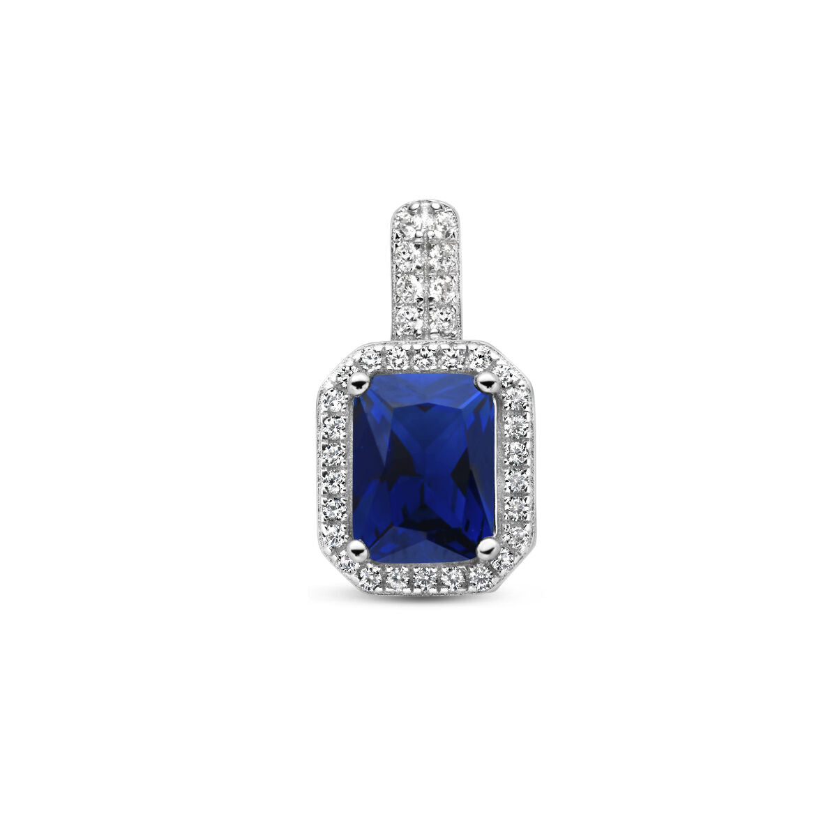 Hanger met een grote blauwe zirkonia omringd door een halo van witte zirkonia, zilver gerhodineerd.