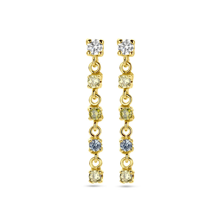 oorhangers wit, geel en groen zirkonia en synth. aquamarijn 22 mm 14K geelgoud