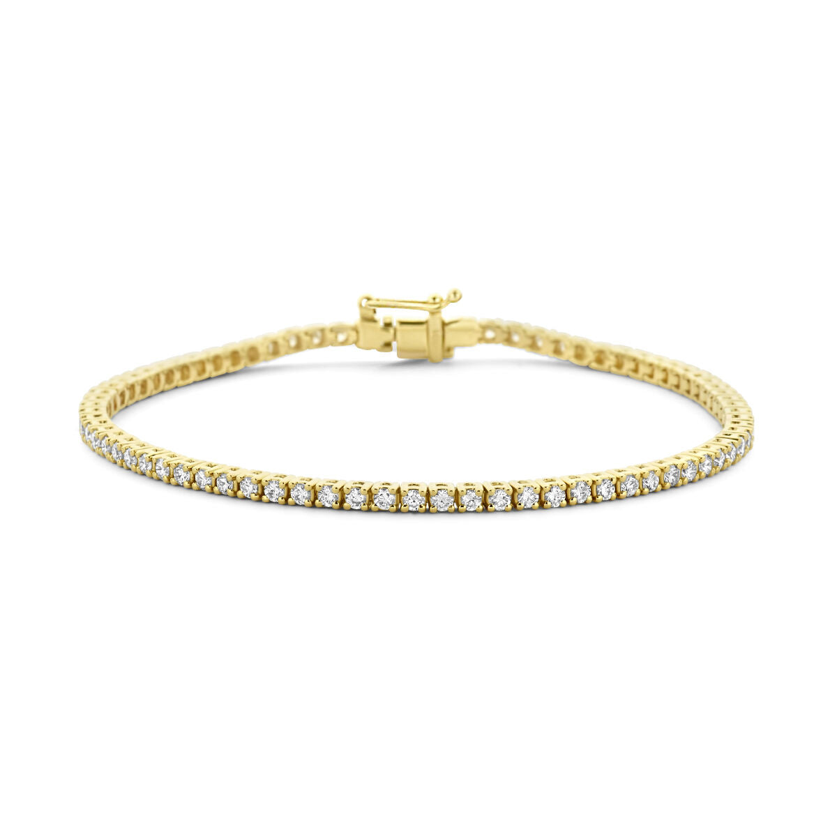 Tennisarmband van 14K geelgoud met lab grown diamanten van 2,00 ct, 2,3 mm breed en 17,5 cm lang.