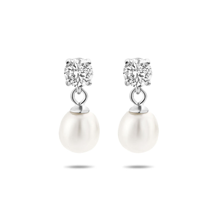 oorhangers zirkonia en parel zilver gerhodineerd