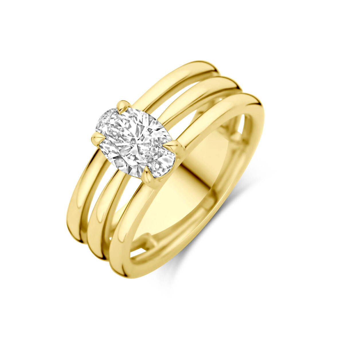 Geelgouden damesring met drie strakke banden en een ovaal lab grown diamant van 1.00ct in het midden.