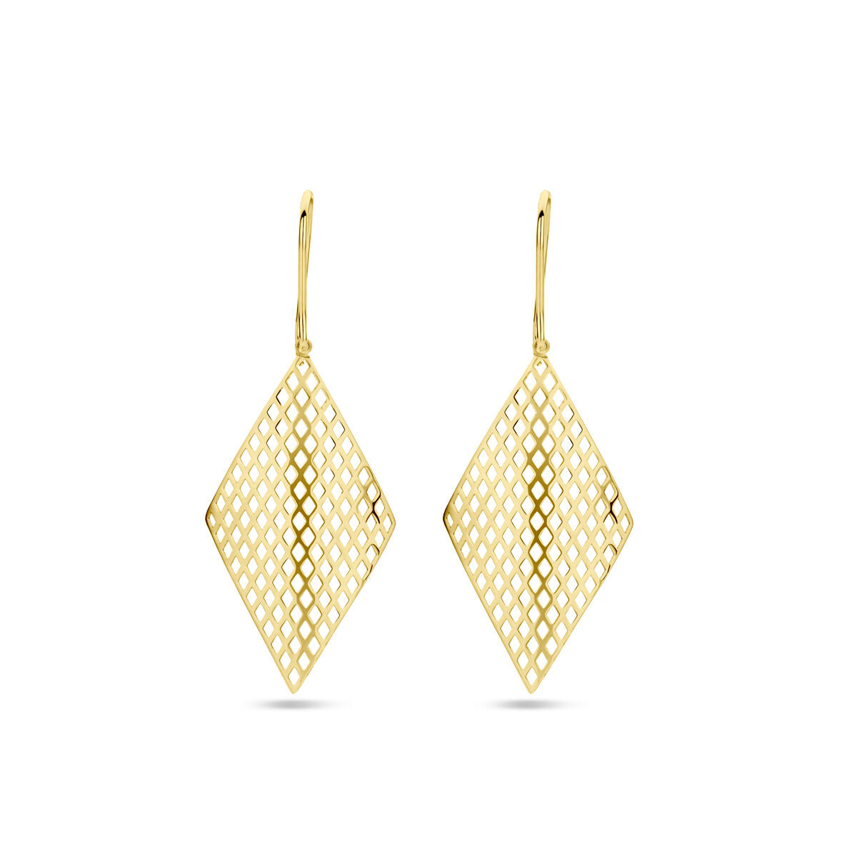 Geelgouden oorhangers in ruitvorm met een geperforeerd patroon en Franse haak.