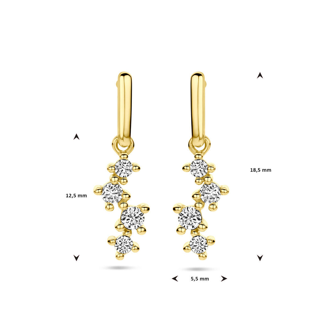 Van der Kooij Collectie oorhangers zirkonia 14K geelgoud: drie verticale clusters ronde zirkonia, dames sieraden, 18,5 mm lang en 12,5 mm breed vanaf de haak, gefotografeerd op een witte achtergrond.